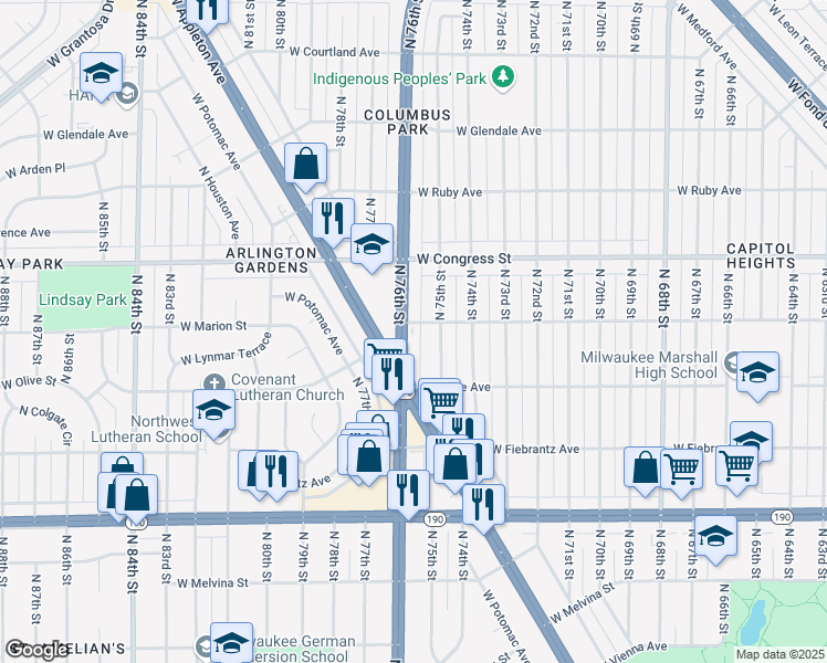 map of restaurants, bars, coffee shops, grocery stores, and more near 4270 North 76th Street in Milwaukee