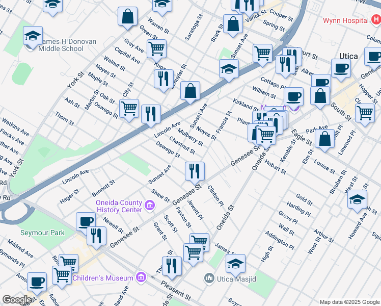 map of restaurants, bars, coffee shops, grocery stores, and more near 715 Chestnut Street in Utica