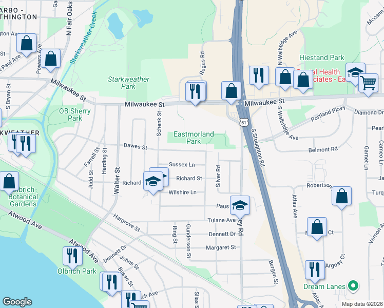 map of restaurants, bars, coffee shops, grocery stores, and more near 3717 Dawes Street in Madison
