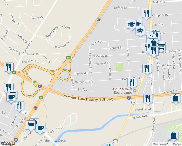 map of restaurants, bars, coffee shops, grocery stores, and more near 400 Richfield Boulevard in Syracuse