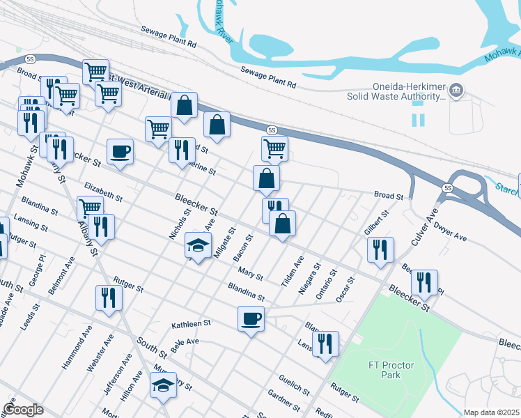 map of restaurants, bars, coffee shops, grocery stores, and more near 414 Bacon Street in Utica