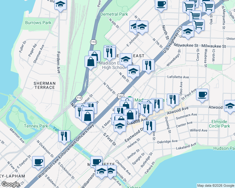map of restaurants, bars, coffee shops, grocery stores, and more near 2102 East Washington Avenue in Madison
