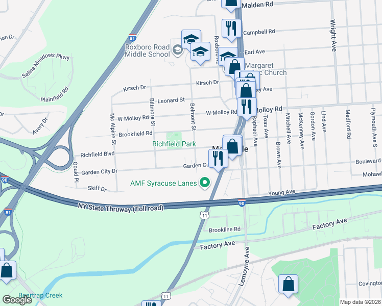 map of restaurants, bars, coffee shops, grocery stores, and more near 211 Richfield Boulevard in Syracuse
