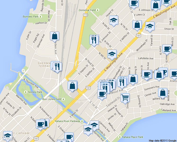 map of restaurants, bars, coffee shops, grocery stores, and more near 2026 East Mifflin Street in Madison