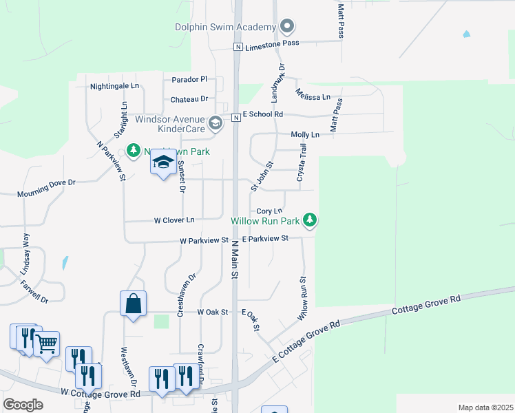 map of restaurants, bars, coffee shops, grocery stores, and more near 207 Cory Lane in Cottage Grove