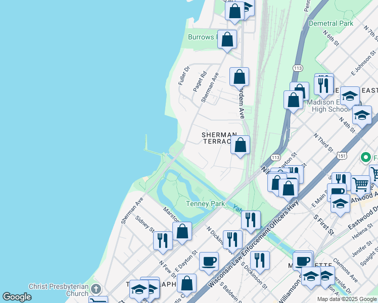 map of restaurants, bars, coffee shops, grocery stores, and more near 1617 Sherman Avenue in Madison