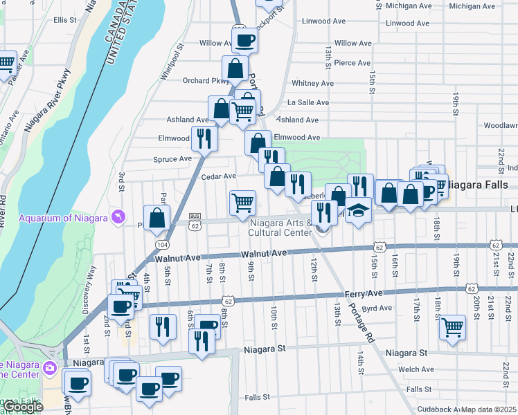 map of restaurants, bars, coffee shops, grocery stores, and more near 720 10th Street in Niagara Falls