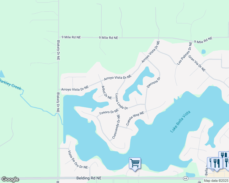 map of restaurants, bars, coffee shops, grocery stores, and more near 7250 Arbol Drive Northeast in Rockford
