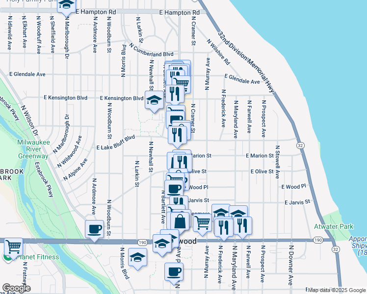 map of restaurants, bars, coffee shops, grocery stores, and more near 1822 East Marion Street in Shorewood