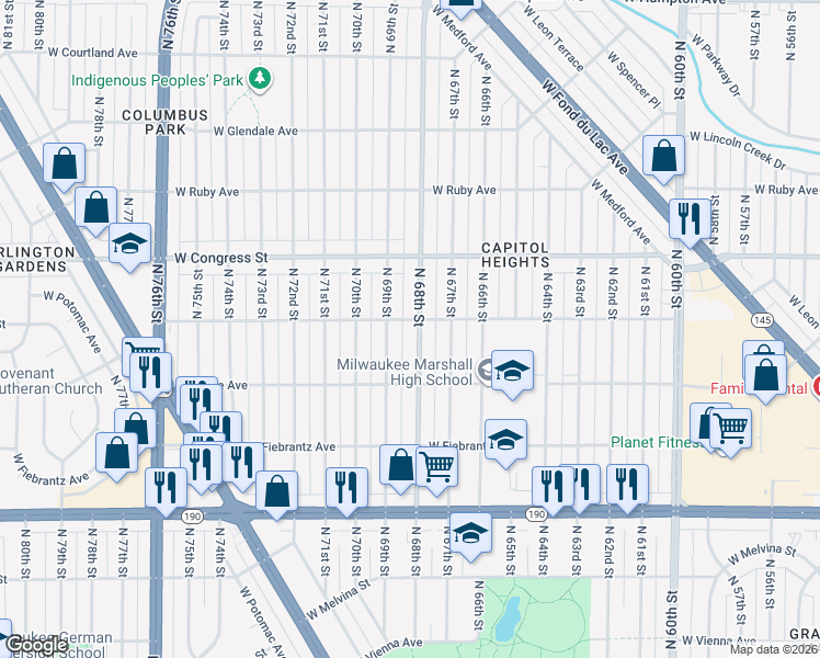 map of restaurants, bars, coffee shops, grocery stores, and more near 4261 North 68th Street in Milwaukee