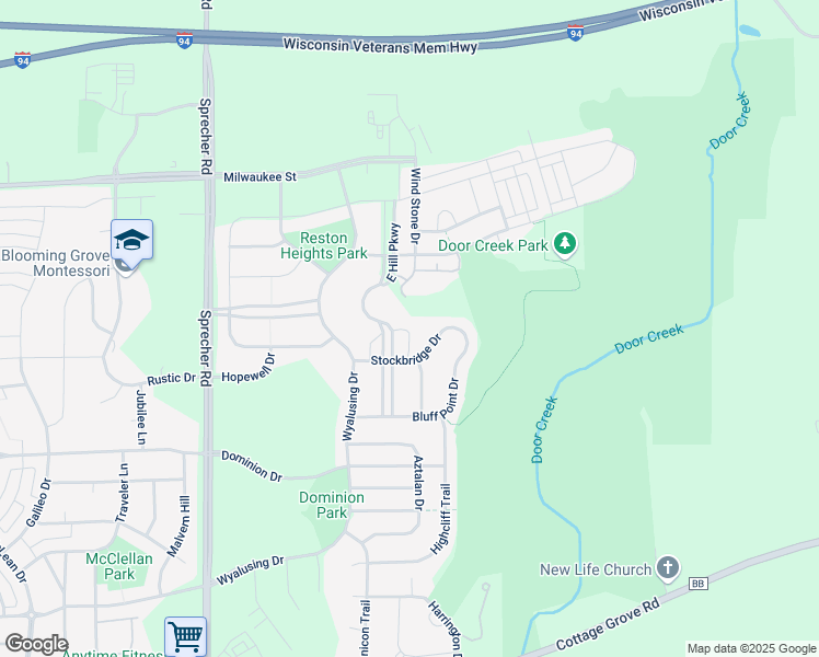 map of restaurants, bars, coffee shops, grocery stores, and more near 6854 Stockbridge Drive in Madison