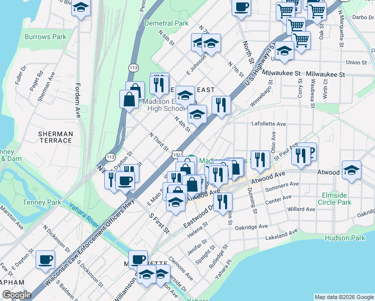 map of restaurants, bars, coffee shops, grocery stores, and more near 2119 East Washington Avenue in Madison