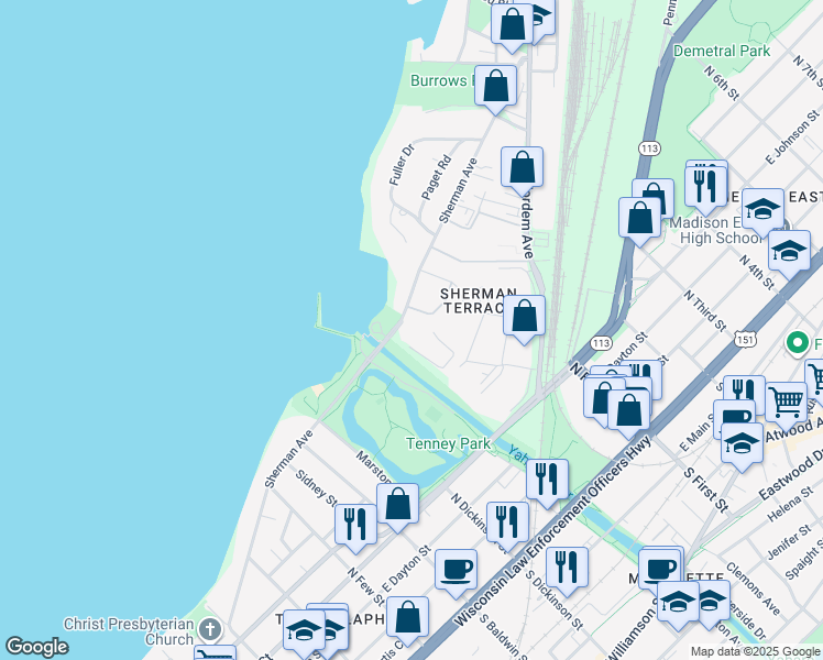 map of restaurants, bars, coffee shops, grocery stores, and more near 1617 Sherman Avenue in Madison