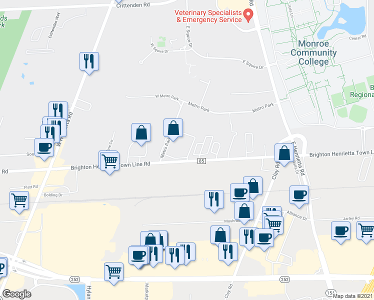 map of restaurants, bars, coffee shops, grocery stores, and more near 2060 Brighton Henrietta Town Line Road in Rochester