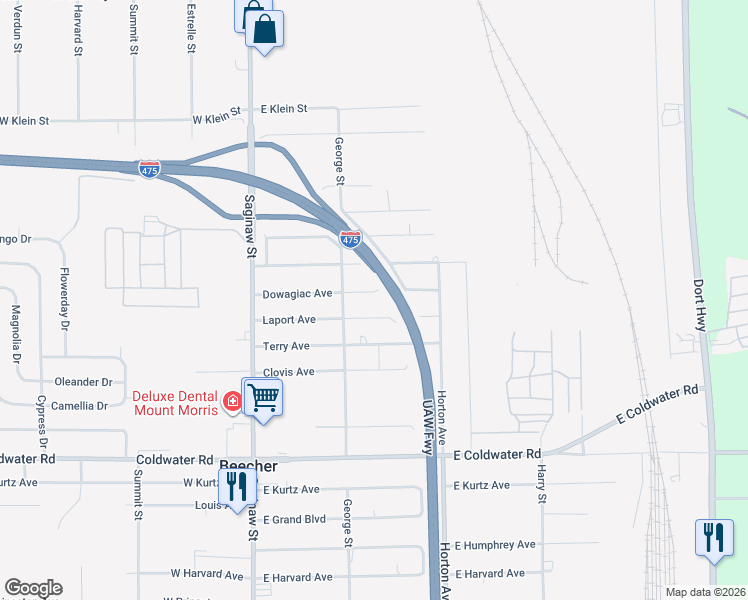 map of restaurants, bars, coffee shops, grocery stores, and more near 1125 Laport Avenue in Mount Morris