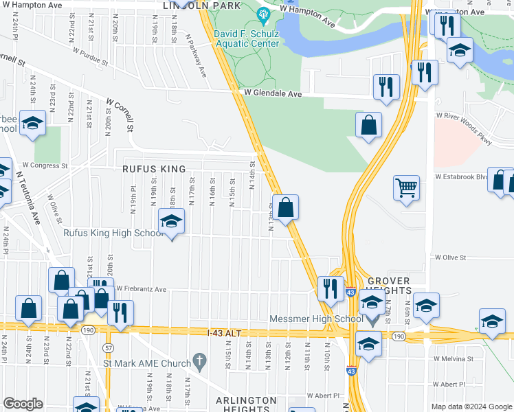 map of restaurants, bars, coffee shops, grocery stores, and more near 4306 North 14th Street in Milwaukee