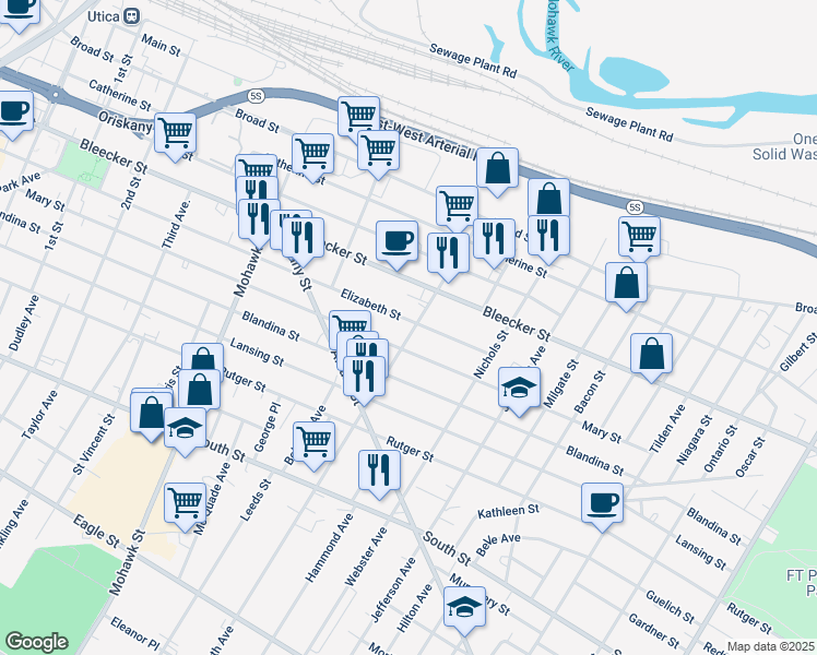map of restaurants, bars, coffee shops, grocery stores, and more near 791 Mary Street in Utica