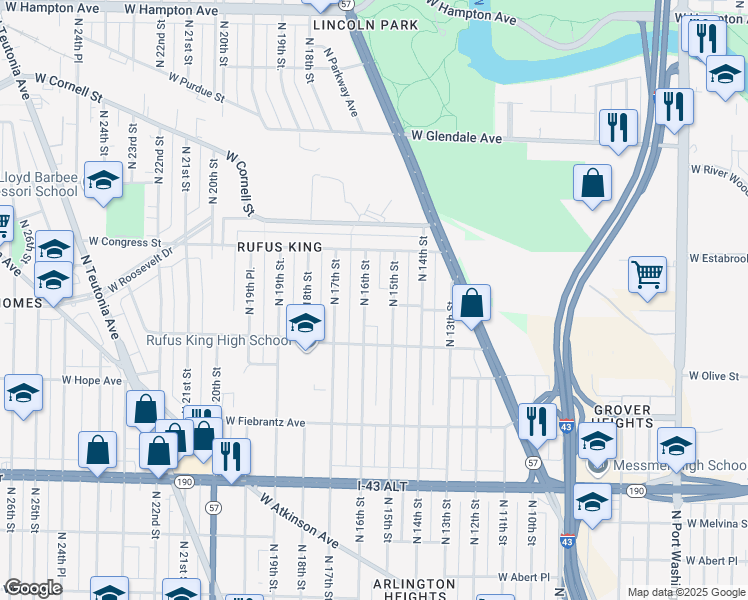 map of restaurants, bars, coffee shops, grocery stores, and more near 4310 North 16th Street in Milwaukee