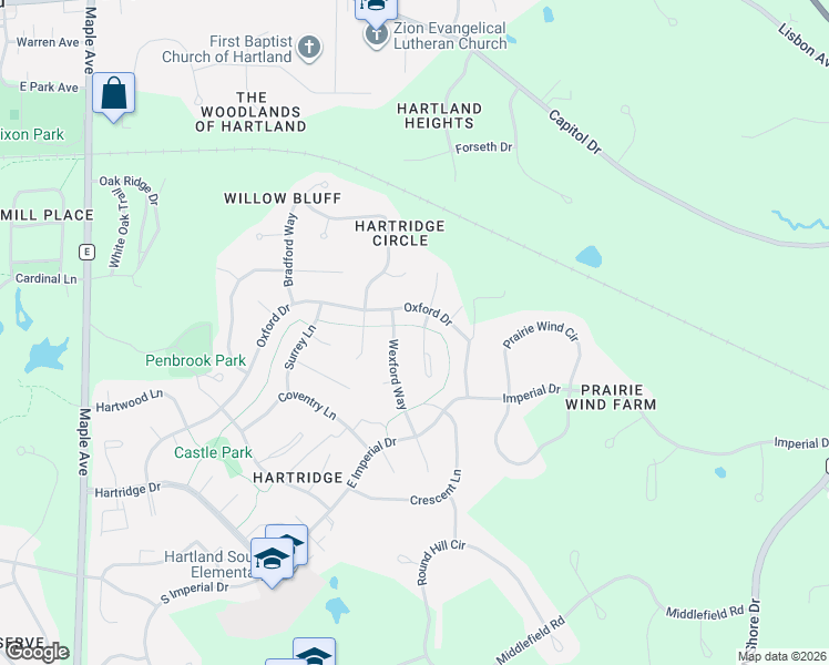 map of restaurants, bars, coffee shops, grocery stores, and more near 719 Mansfield Circle in Hartland