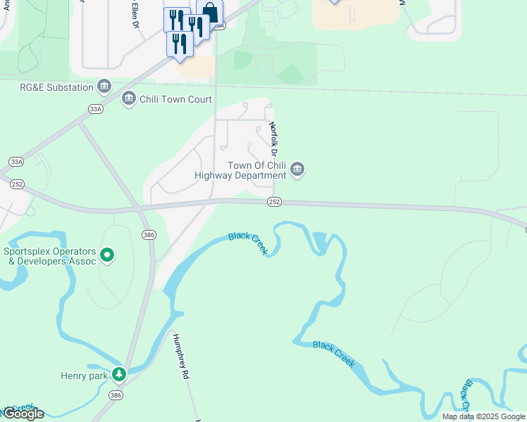 map of restaurants, bars, coffee shops, grocery stores, and more near 233 Beaver Road in Churchville