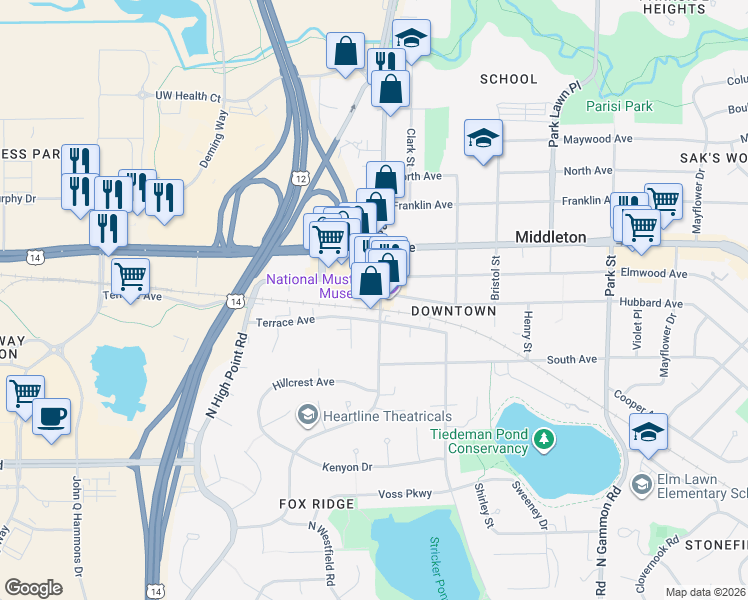 map of restaurants, bars, coffee shops, grocery stores, and more near 1800 Parmenter Street in Middleton