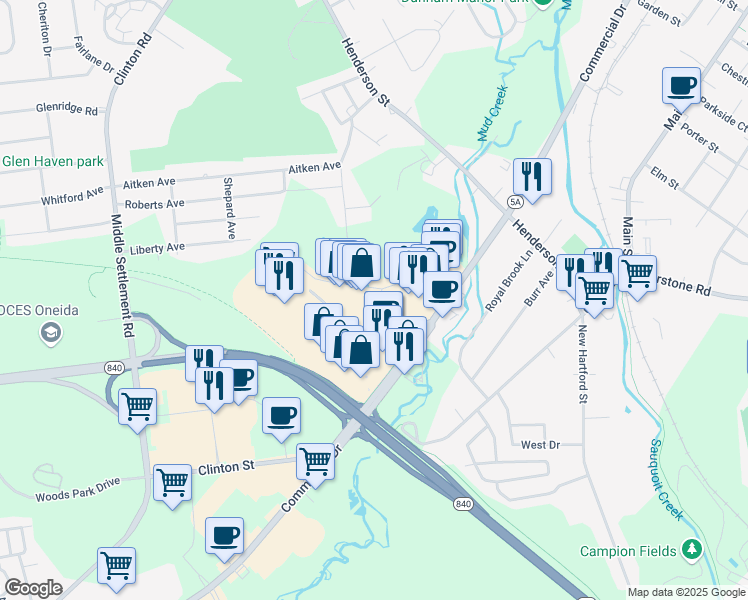 map of restaurants, bars, coffee shops, grocery stores, and more near 4795 Commercial Drive in New Hartford