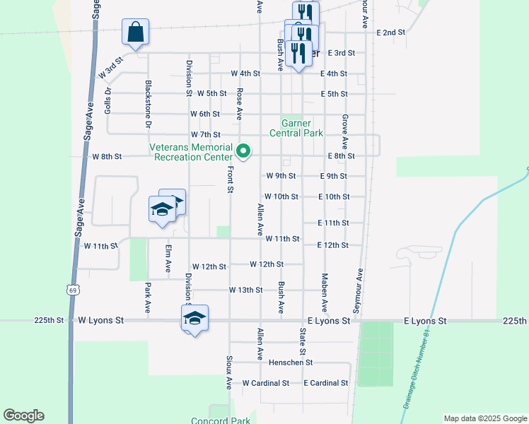 map of restaurants, bars, coffee shops, grocery stores, and more near 1055 Allen Avenue in Garner