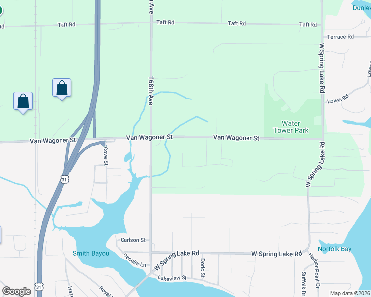 map of restaurants, bars, coffee shops, grocery stores, and more near 17938 Spring Tree Court in Spring Lake