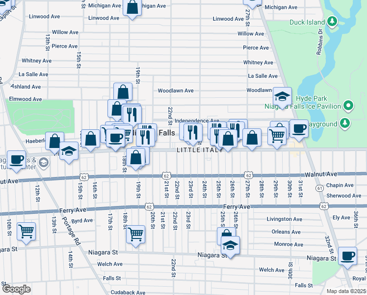 map of restaurants, bars, coffee shops, grocery stores, and more near 2201 Pine Avenue in Niagara Falls