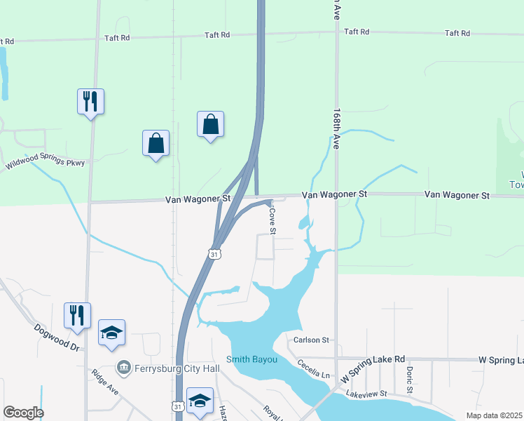 map of restaurants, bars, coffee shops, grocery stores, and more near 18000 Cove Street in Spring Lake