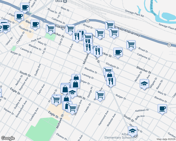 map of restaurants, bars, coffee shops, grocery stores, and more near 714 Blandina Street in Utica