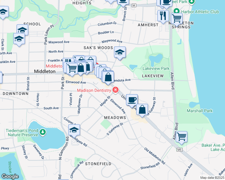 map of restaurants, bars, coffee shops, grocery stores, and more near 6519 University Avenue in Middleton