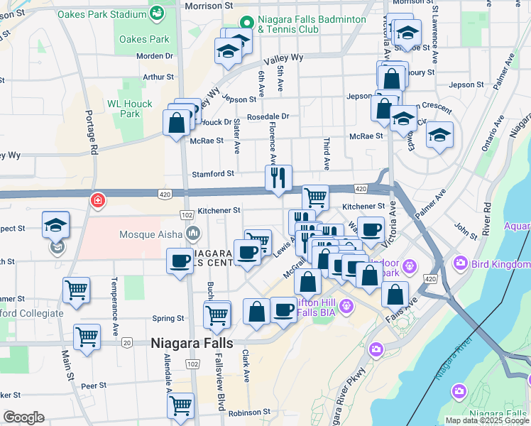 map of restaurants, bars, coffee shops, grocery stores, and more near 5214 Kitchener Street in Niagara Falls