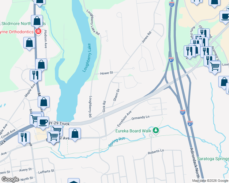 map of restaurants, bars, coffee shops, grocery stores, and more near 12 Sherri Road in Saratoga Springs