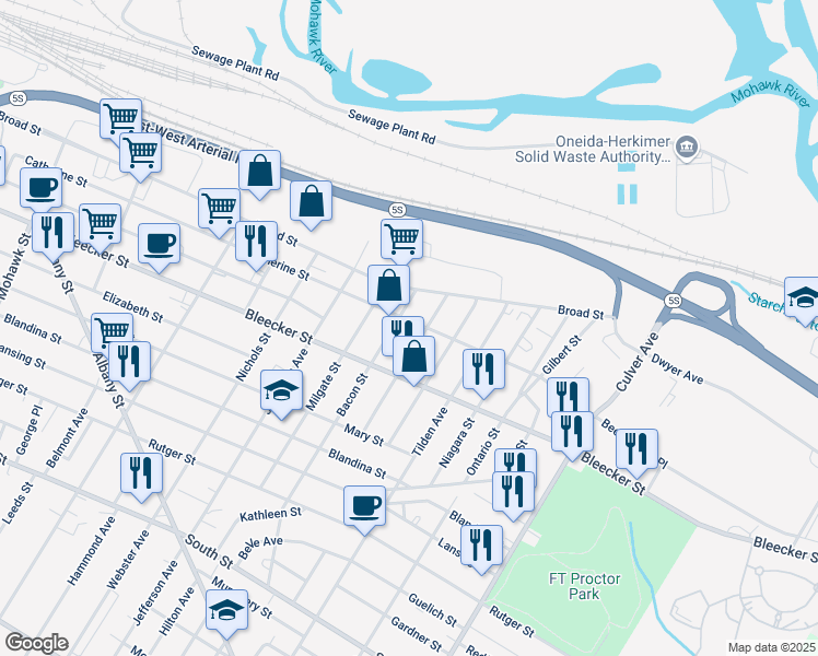 map of restaurants, bars, coffee shops, grocery stores, and more near 1400 Catherine Street in Utica