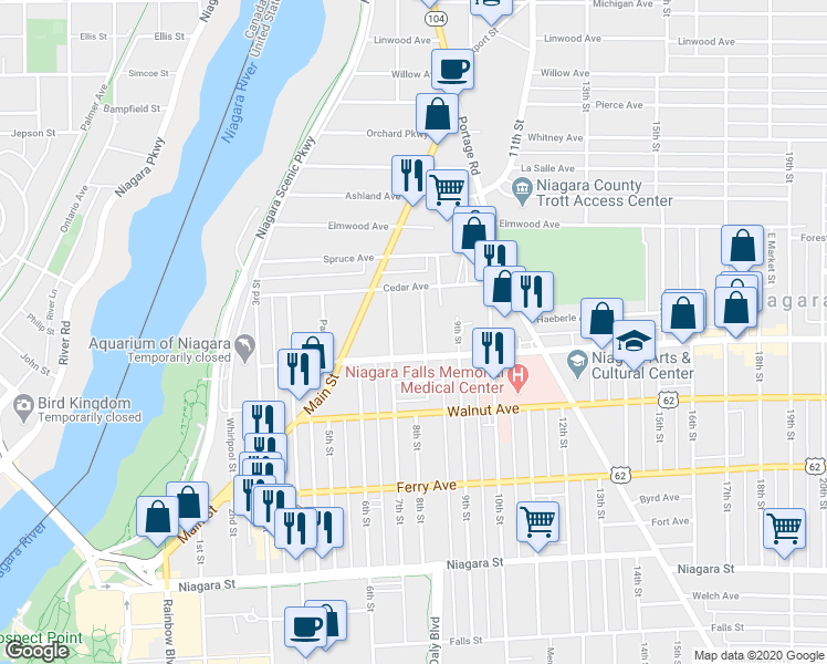 map of restaurants, bars, coffee shops, grocery stores, and more near 711 8th Street in Niagara Falls