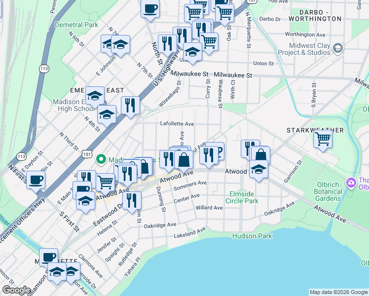 map of restaurants, bars, coffee shops, grocery stores, and more near 202 Ohio Avenue in Madison
