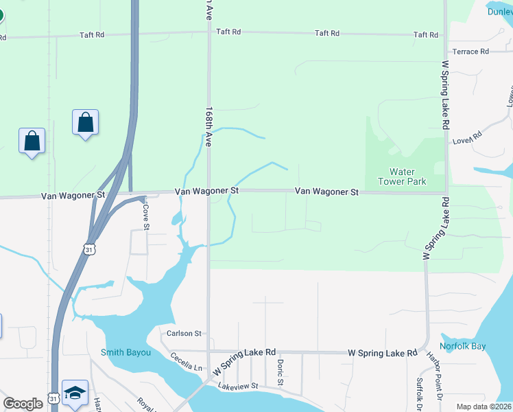map of restaurants, bars, coffee shops, grocery stores, and more near 17938 Spring Tree Court in Spring Lake