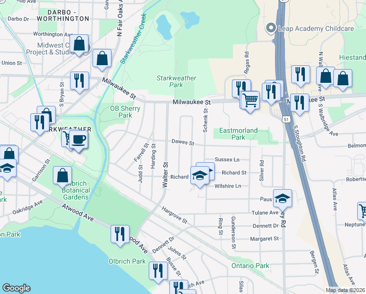 map of restaurants, bars, coffee shops, grocery stores, and more near 110 Cumberland Lane in Madison