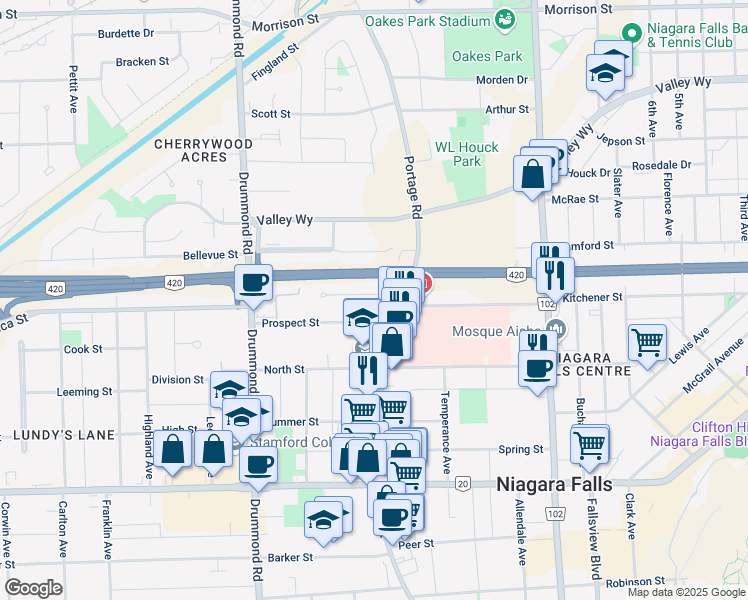 map of restaurants, bars, coffee shops, grocery stores, and more near 5936 Britannia Crescent in Niagara Falls