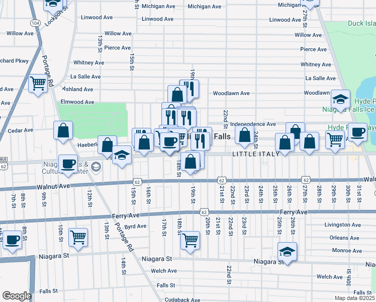 map of restaurants, bars, coffee shops, grocery stores, and more near 1818 Pine Avenue in Niagara Falls