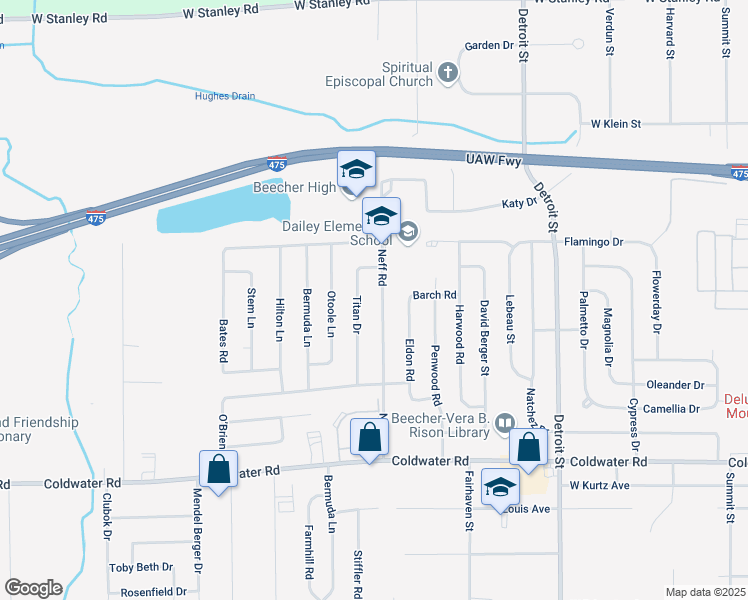 map of restaurants, bars, coffee shops, grocery stores, and more near 6174 Titan Drive in Mount Morris