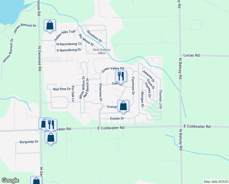 map of restaurants, bars, coffee shops, grocery stores, and more near 5241 East Coldwater Road in Flint
