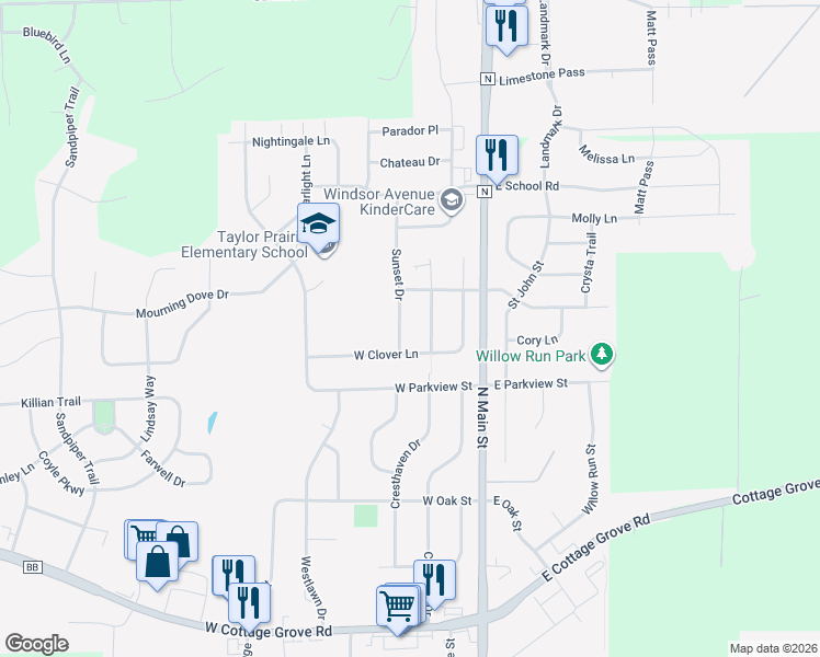 map of restaurants, bars, coffee shops, grocery stores, and more near 805 Whispering Way in Cottage Grove