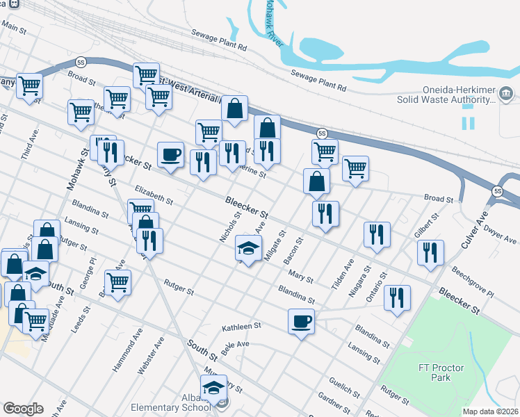map of restaurants, bars, coffee shops, grocery stores, and more near 1017 Bleecker Street in Utica