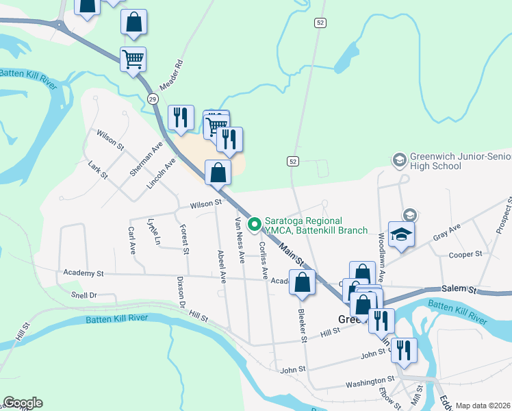 map of restaurants, bars, coffee shops, grocery stores, and more near 189 Main Street in Greenwich