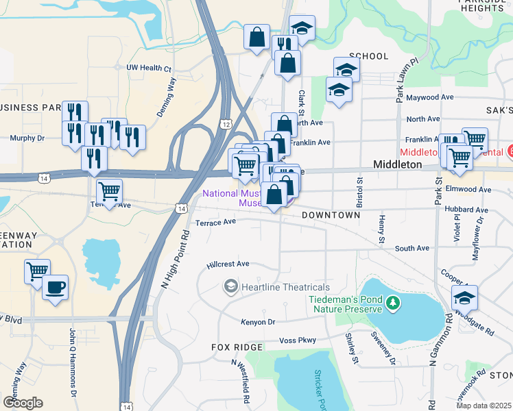 map of restaurants, bars, coffee shops, grocery stores, and more near 7611 Elmwood Avenue in Middleton