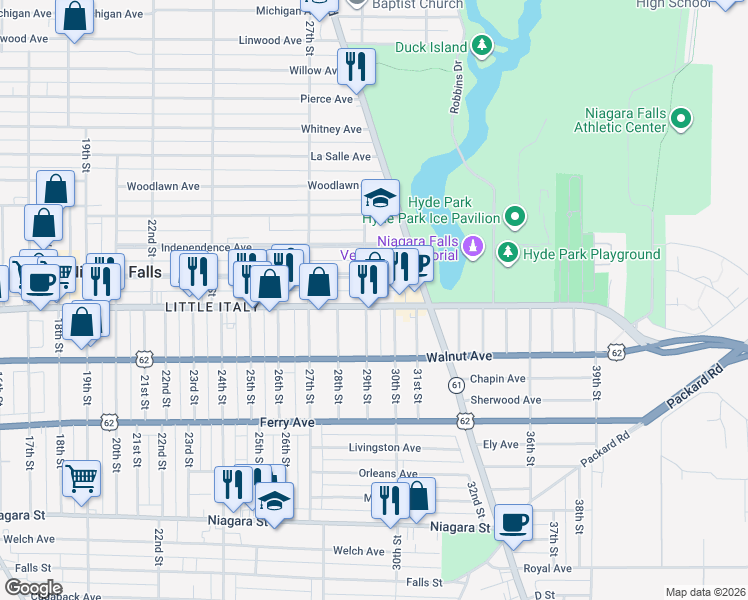 map of restaurants, bars, coffee shops, grocery stores, and more near 2906 Pine Avenue in Niagara Falls