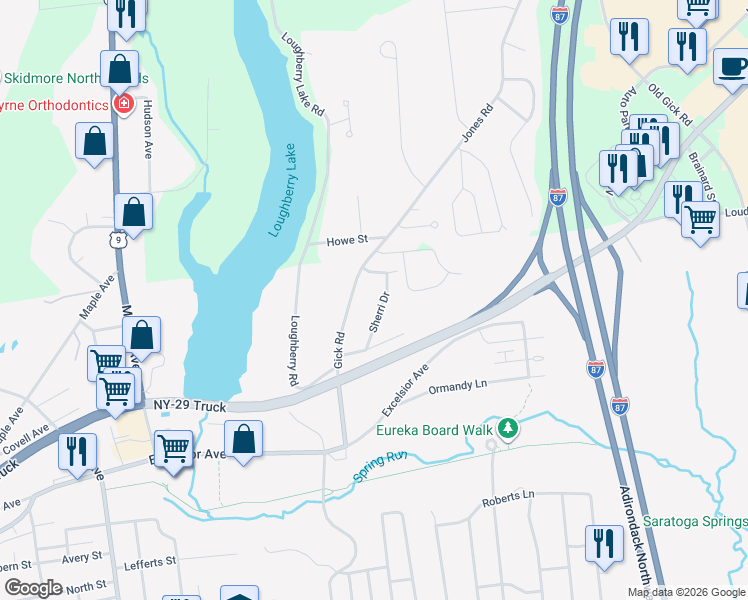 map of restaurants, bars, coffee shops, grocery stores, and more near 12 Sherri Road in Saratoga Springs
