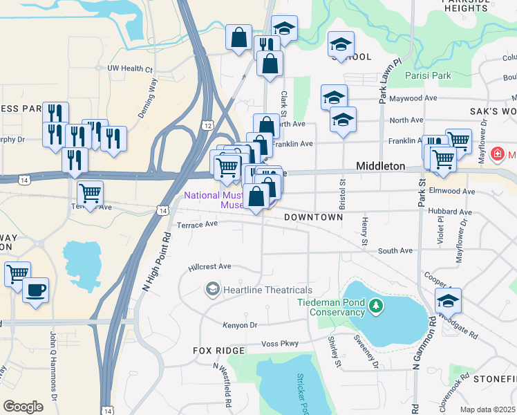 map of restaurants, bars, coffee shops, grocery stores, and more near 1800 Parmenter Street in Middleton